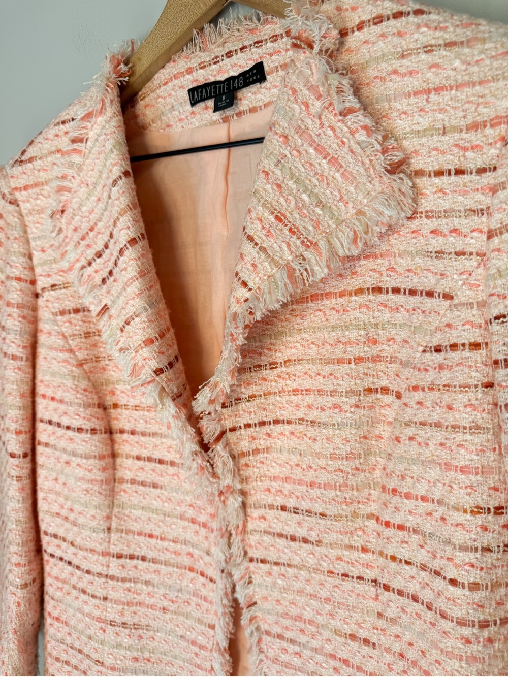 LAFAYETTE 148 Petal Pink Tweed Fringe Edge Lined Blazer Jacket Sz 8 - Picture 3 of 10